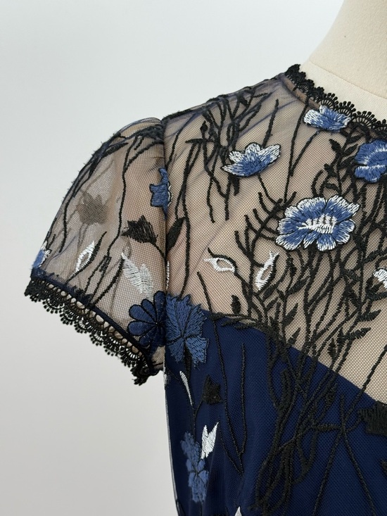 Monique Lhuillier Navy Blue Floral Embroidered Lace Midi Evening Cocktail Dress - Picture 13 of 16